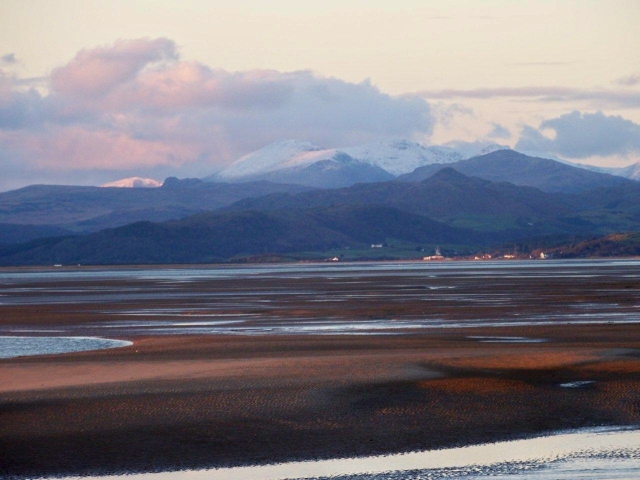 The Scafell range in the background behind the Duddon fells and estuary